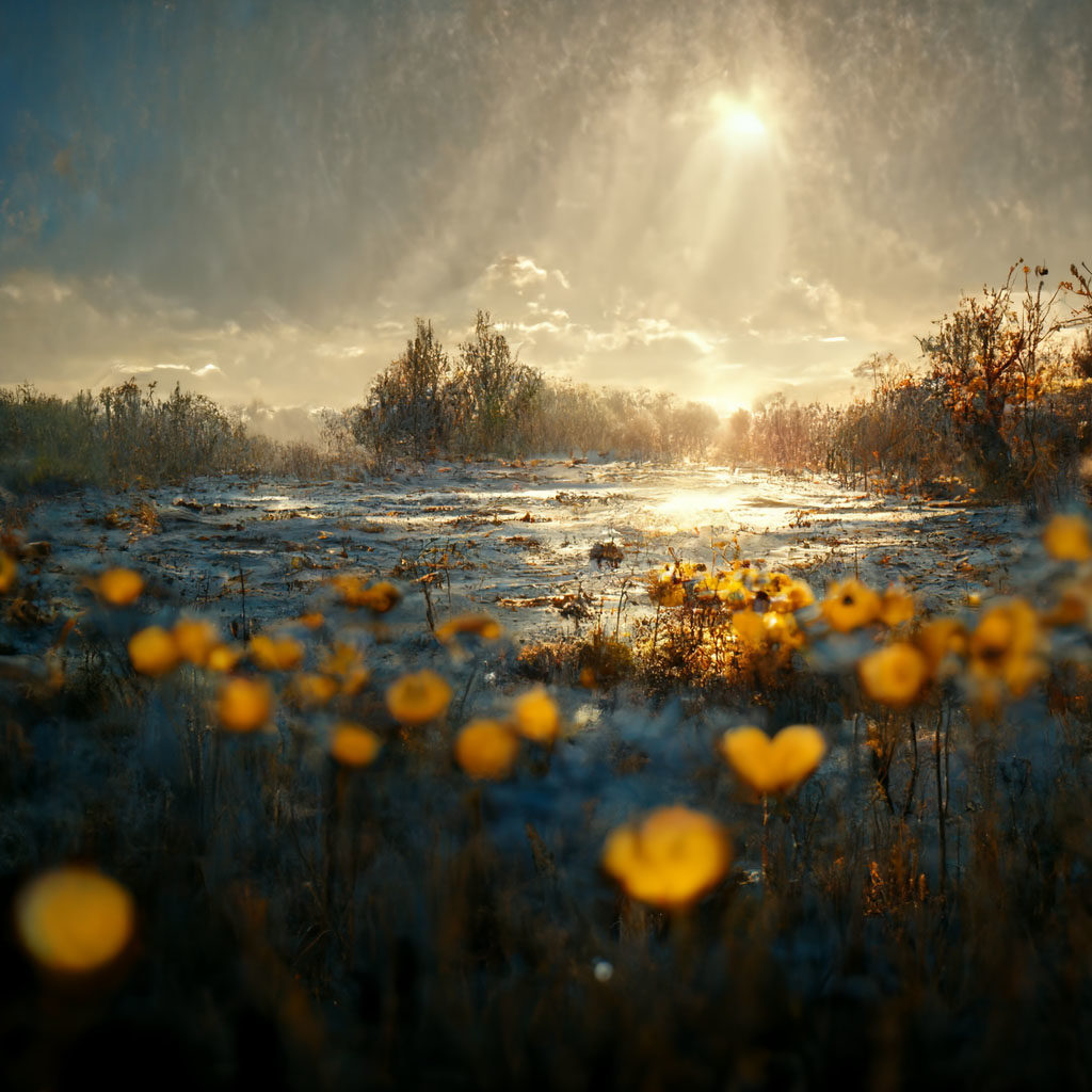 An AI-generated image of 'happiness', depicting a smoky-looking meadow with flowers