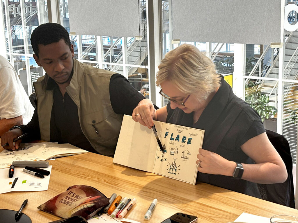 A photo of a participant in one of our training sessions reflecting on the experience of using FLARE to illustrate a tricky concept