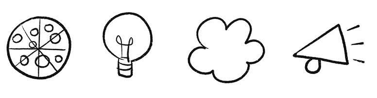 A group of simple drawings depicting common objects like a lightbulb and cloud