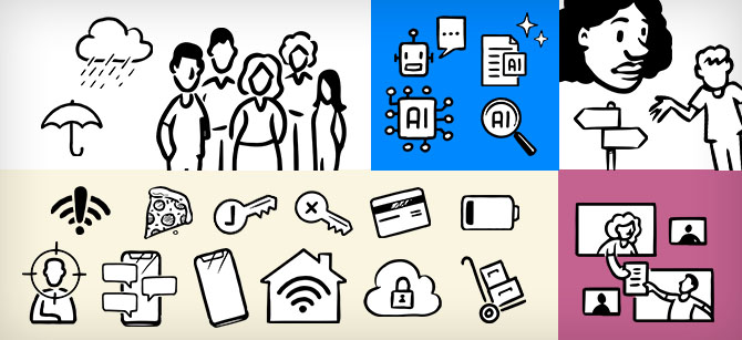 A selection of the sketched journey mapping icons, to do with people, AI, digital lifestyle, customer experience, and more